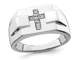 Mens Cross Ring in Polished Sterling Silver with Diamond Accent